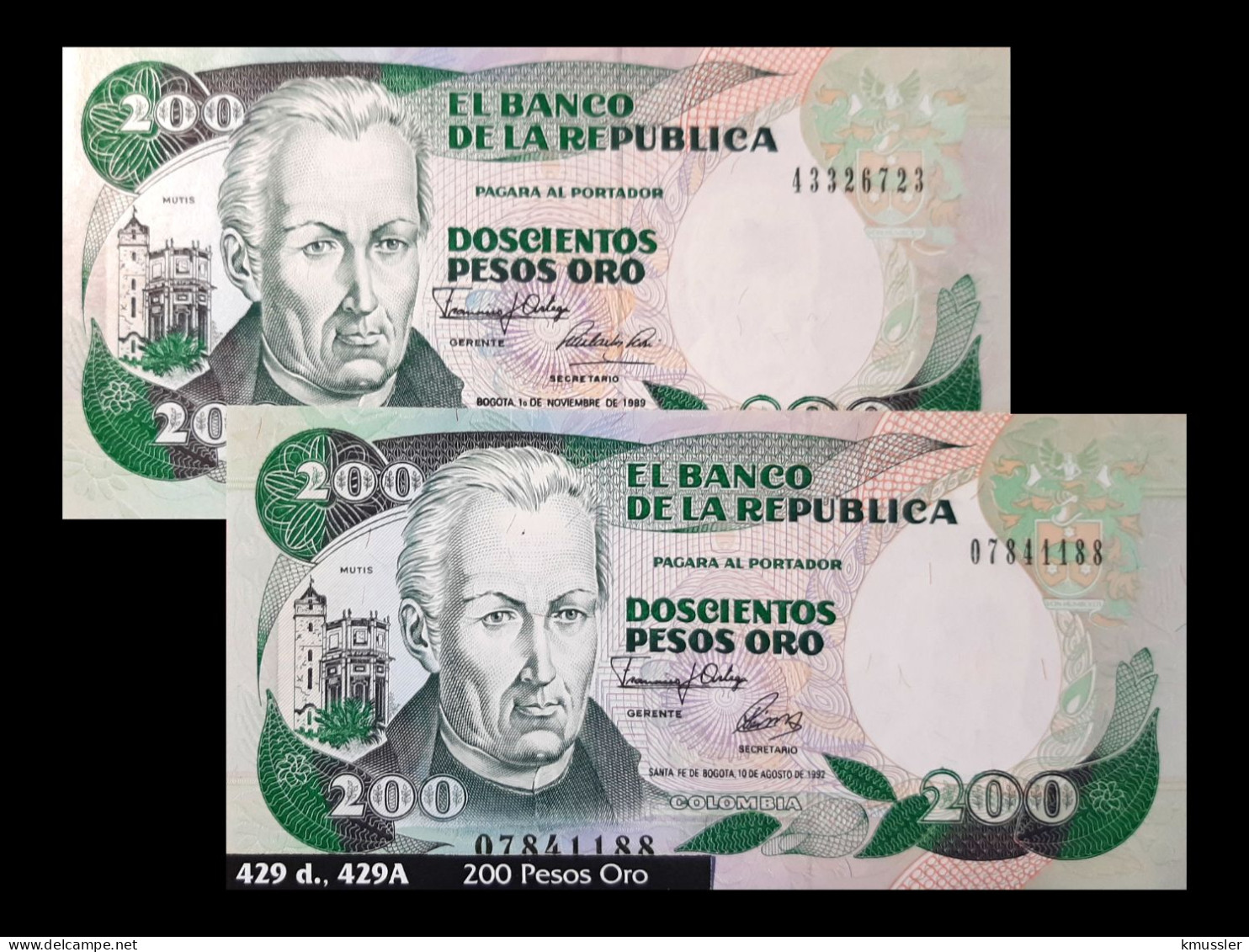 # # # Paar Banknoten Kolumbien (Colombia) 200 Pesos 1989/1992 UNC # # # - Colombie