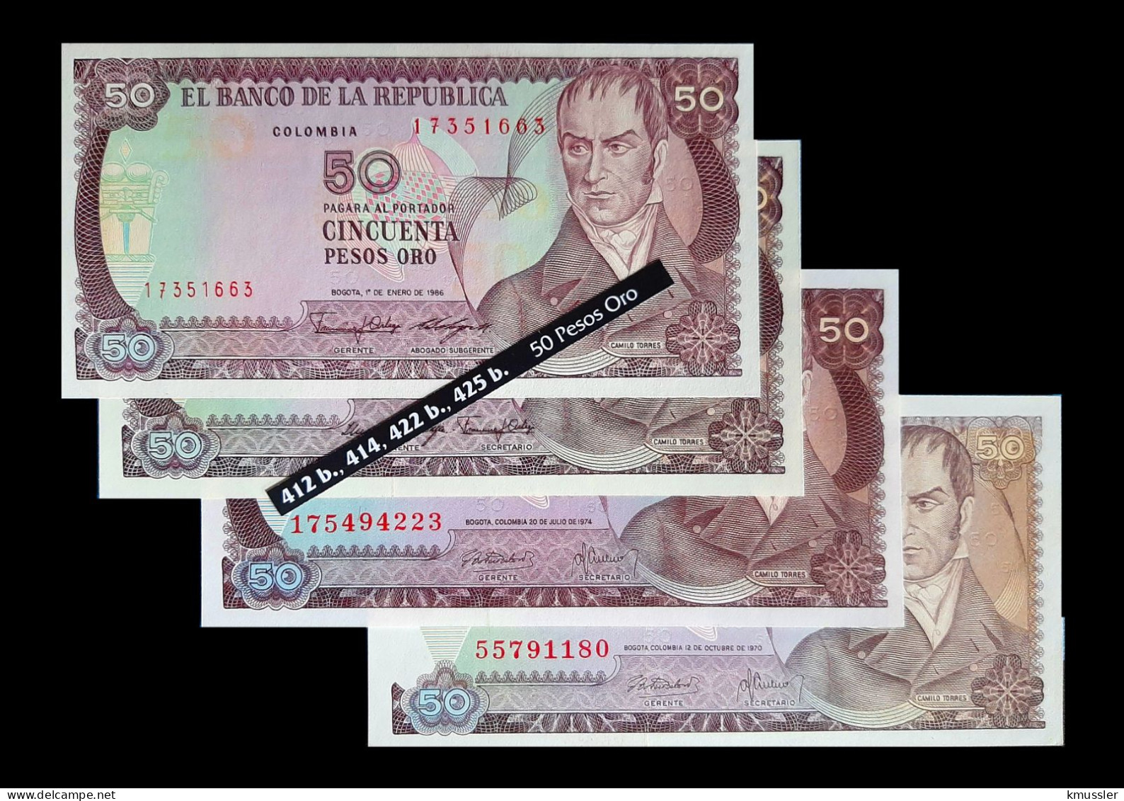 # # # 4 X Banknoten Kolumbien (Colombia) 50 Pesos Oro UNC # # # - Colombia