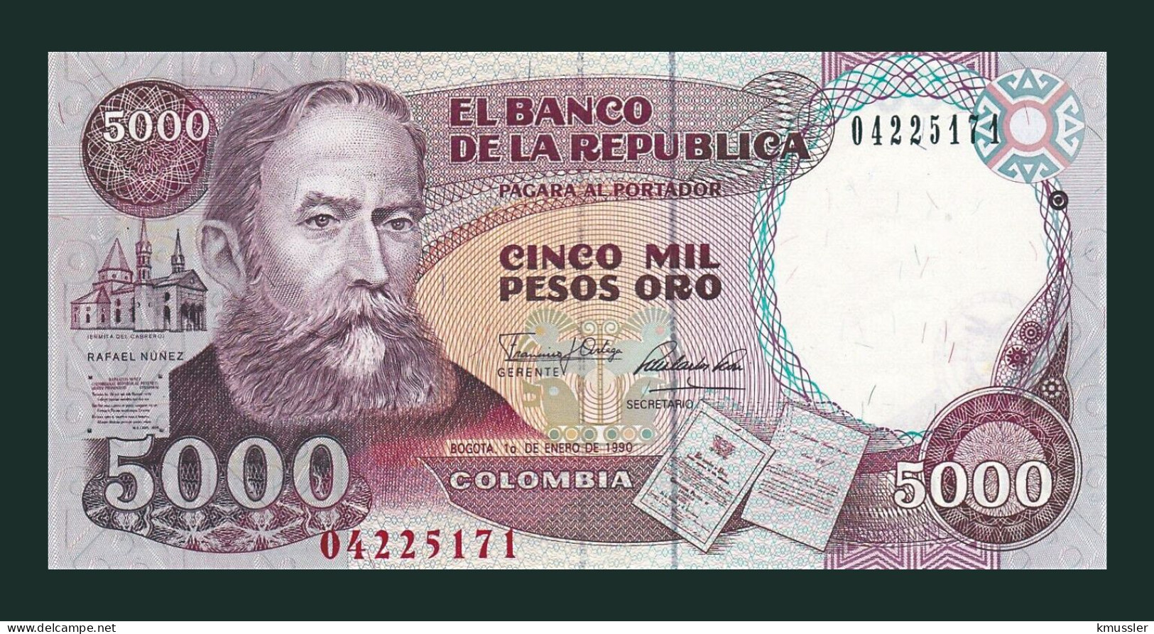 # # # Banknote Kolumbien (Colombia) 5.000 Pesos 1990 (P-435) UNC # # # - Kolumbien