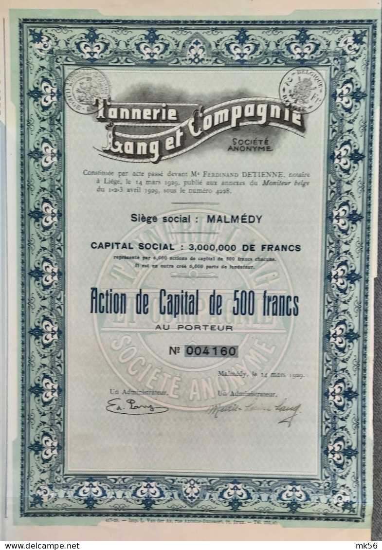 Tannerie Lang Et Compagnie - Malmédy - Action De Capital De 500 Francs - 1929 - Textiles