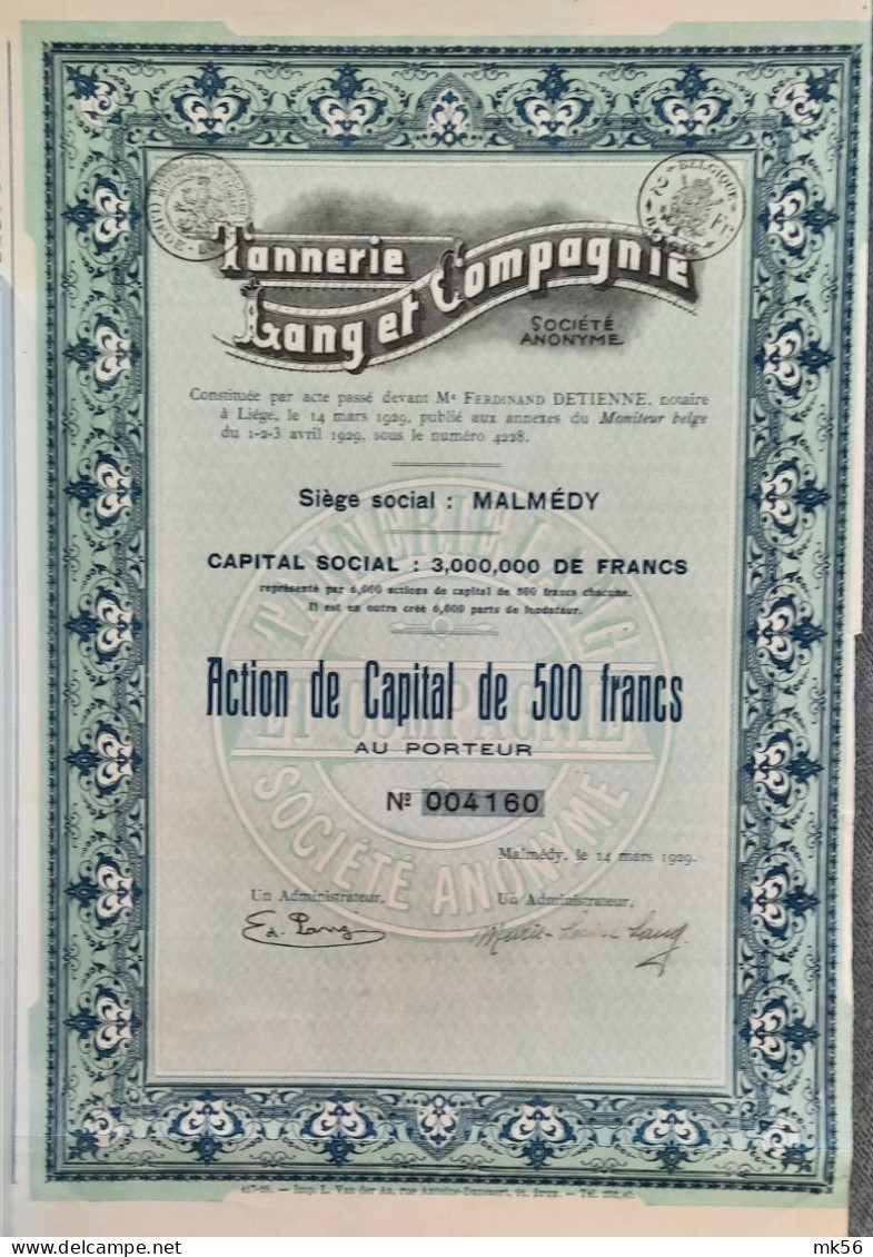 Tannerie Lang Et Compagnie - Malmédy - Action De Capital De 500 Francs - 1929 - Textile