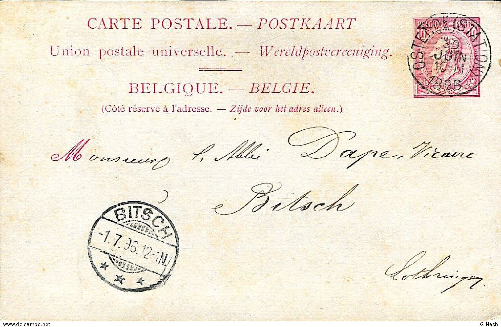 BELGIQUE - Entier Postal - D'Ostende Vers Bitsche - 1er Juillet 1896 - Cartes-lettres