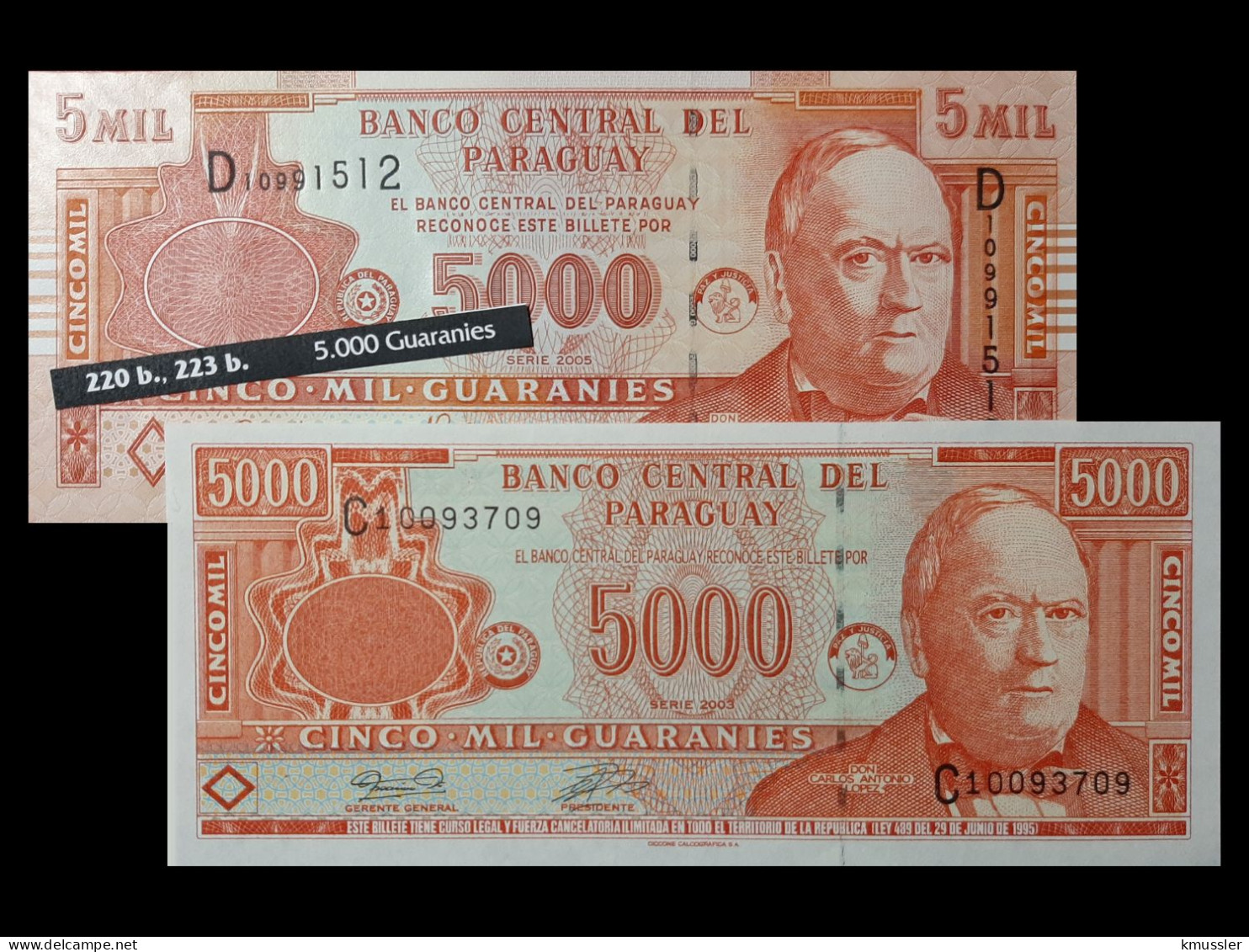 # # # Paar Banknoten Paraguay 5.000 Guaranies 2003/2005 (P-220 Und 223) UNC # # # - Paraguay