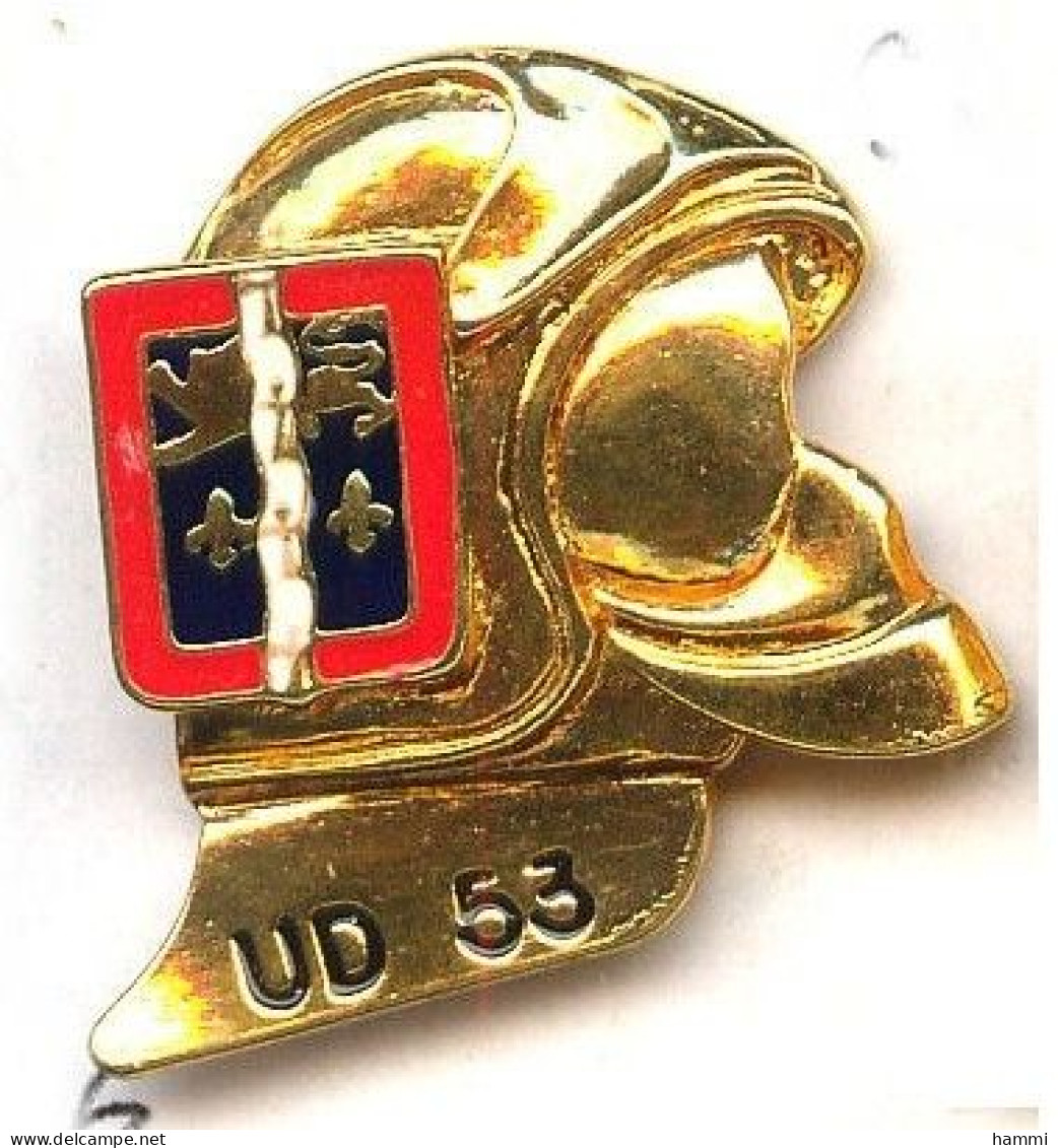 PO32 Pin's POMPIERS POMPIER  MAYENNE Casque Doré Marqué UD 53 écusson à Laval CHER Achat Immédiat - Pompiers