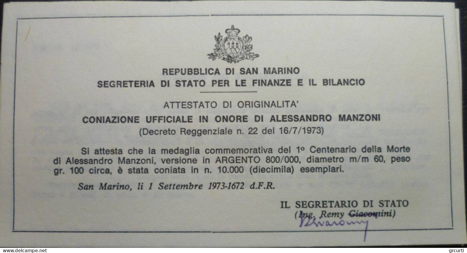 San Marino - 1973 - Medaglie ufficiali per il Centenario della morte di Alessandro Manzoni