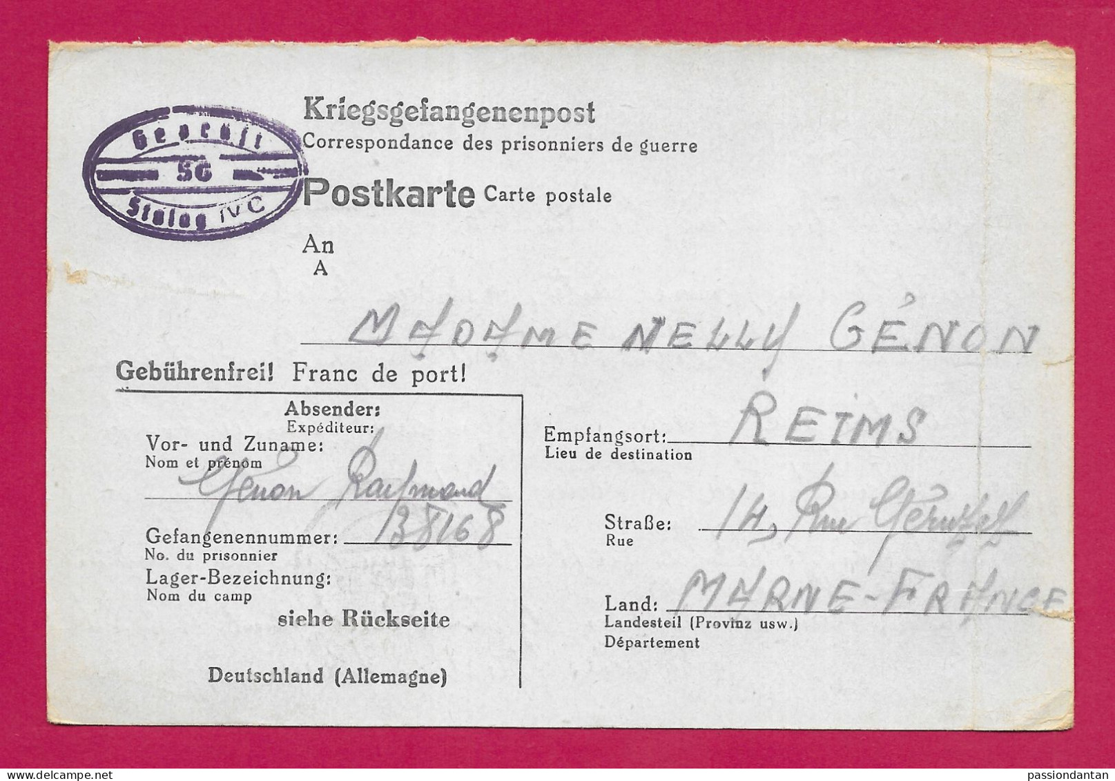 Écrit De Prisonnier De Guerre - 30 Mai 1943 - Voyagé Du Stalag IV-C à Destination De Reims En France - Prisoners Of War Mail
