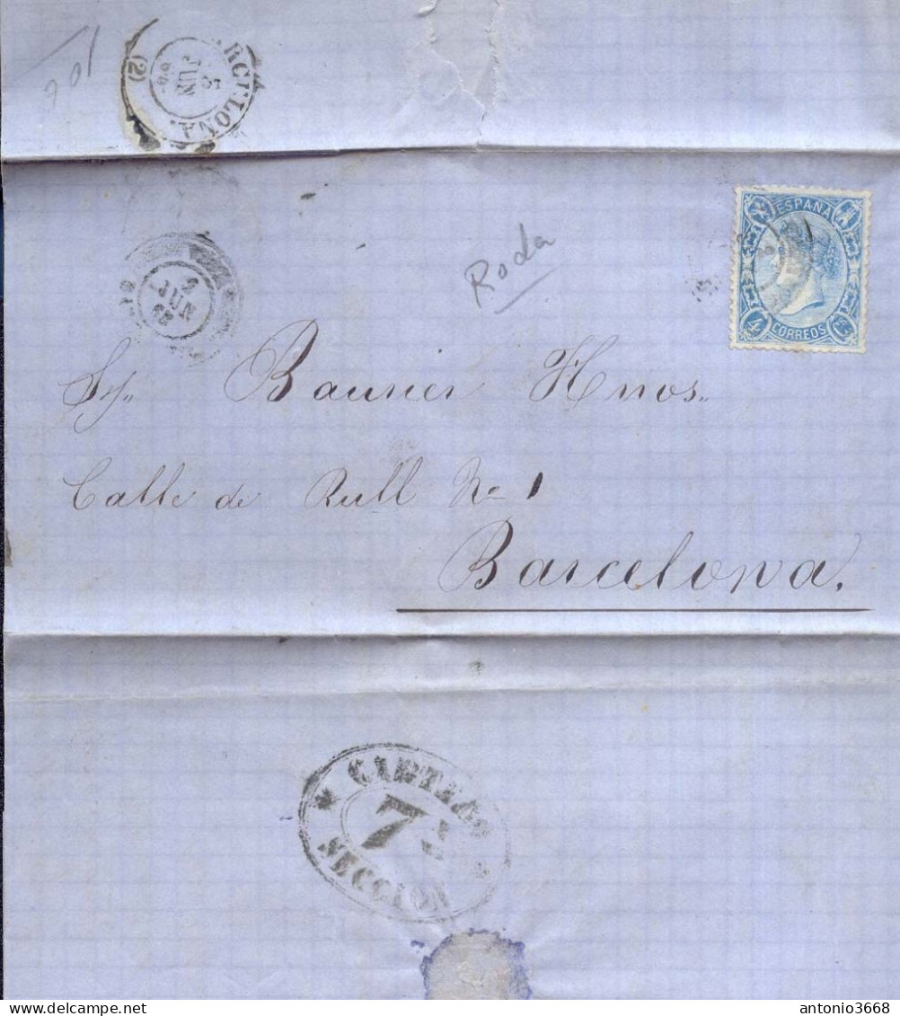 Año 1865 Edifil 75 4c Sello Isabel II Carta De Roda  Matasellos Vich Barcelona - Cartas & Documentos