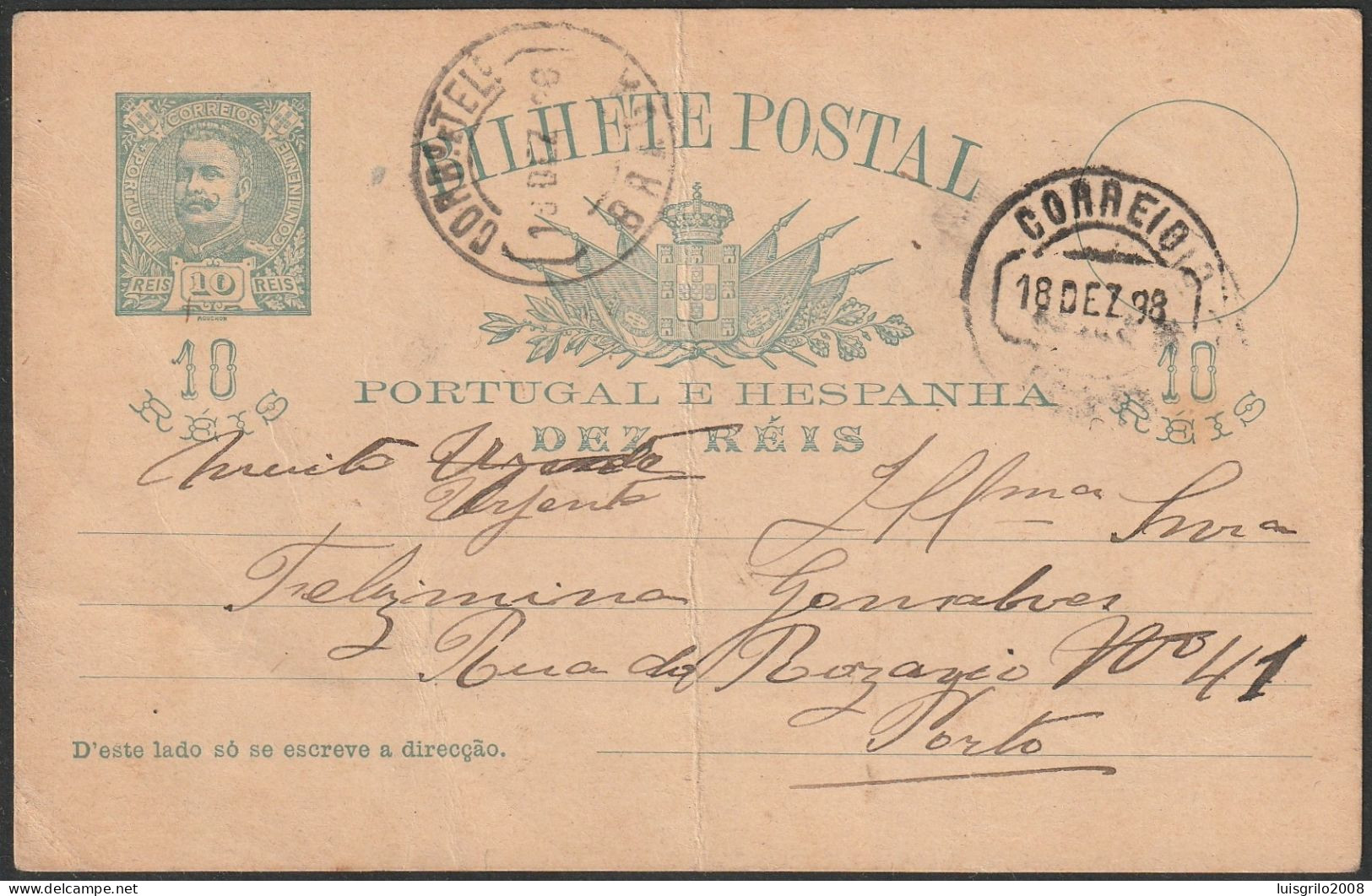 Stationery Card - 1898. Braga To Porto -|- Portugal E Hespanha - D. Carlos 10 Rs. - Briefe U. Dokumente