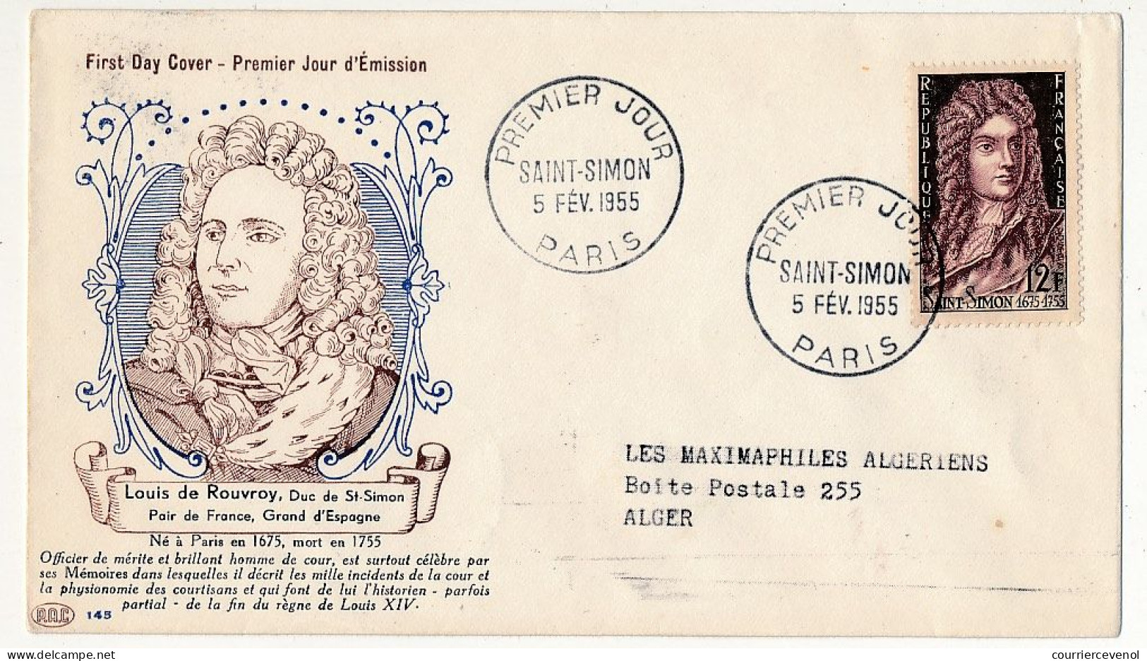 FRANCE => FDC 12F Saint-Simon - Premier Jour - Paris - 5 Février 1955 - 1950-1959