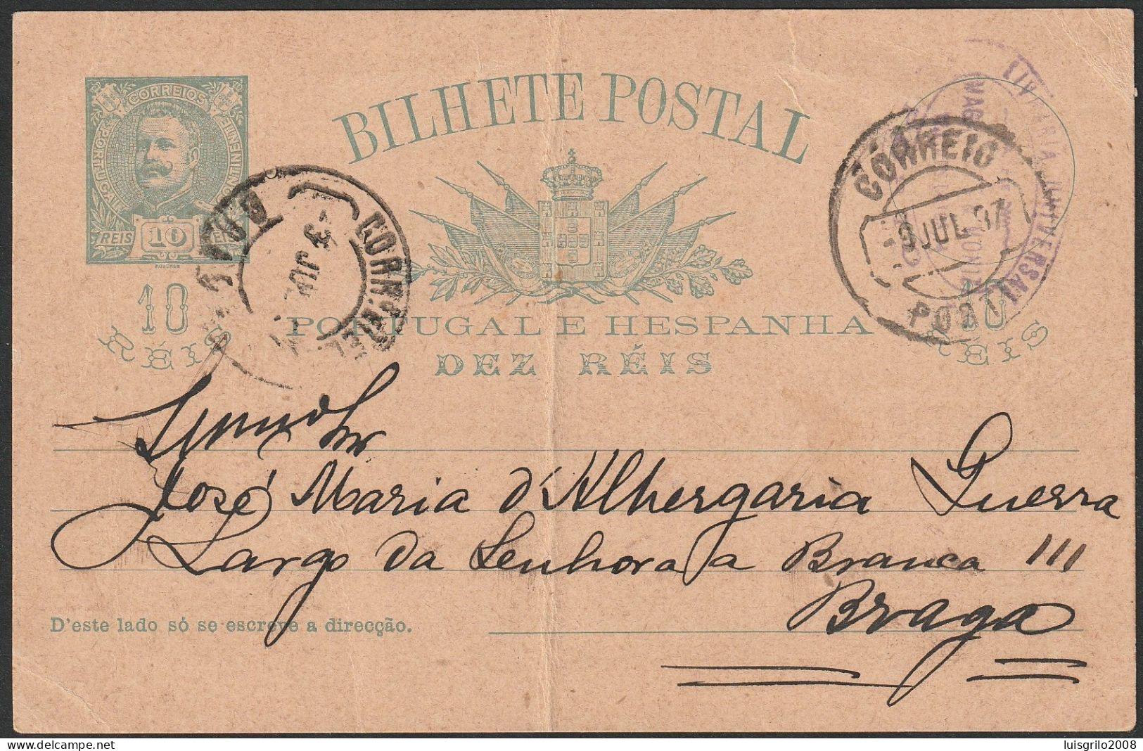 Stationery Card - 1897. Porto To Braga -|- Portugal E Hespanha - D. Carlos 10 Rs. - Briefe U. Dokumente