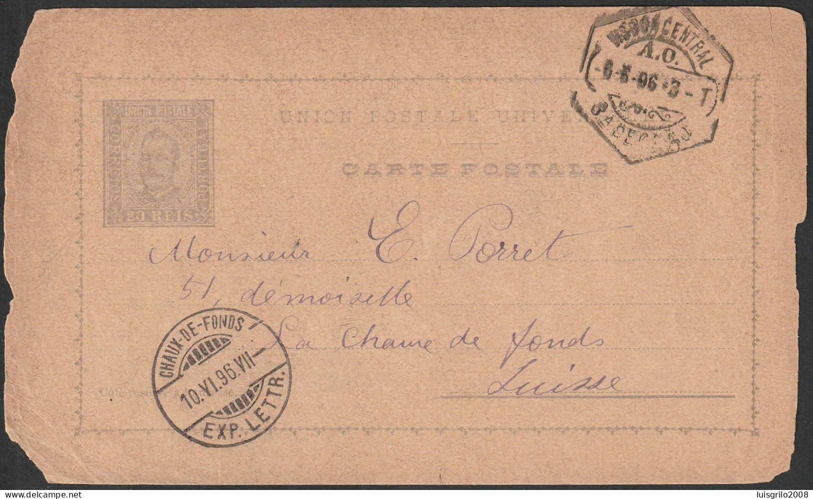 Stationery Card - 1896. Lisboa To Chaux-De-Fonds, Suisse -|- D. Carlos 20 Rs. - Covers & Documents