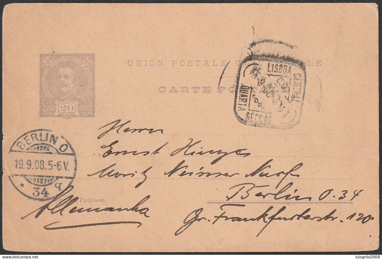 Stationery Card - 1908. Lisboa To Berlin, Alemanha/ Germany -|- D. Carlos 20 Rs. - Brieven En Documenten