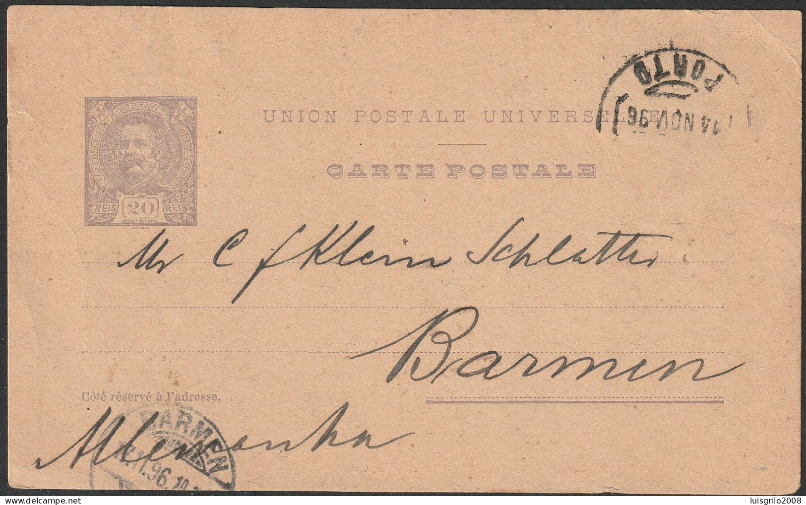 Stationery Card - 1896. Porto To Barmen, Alemanha/ Germany -|- D. Carlos 20 Rs. - Storia Postale