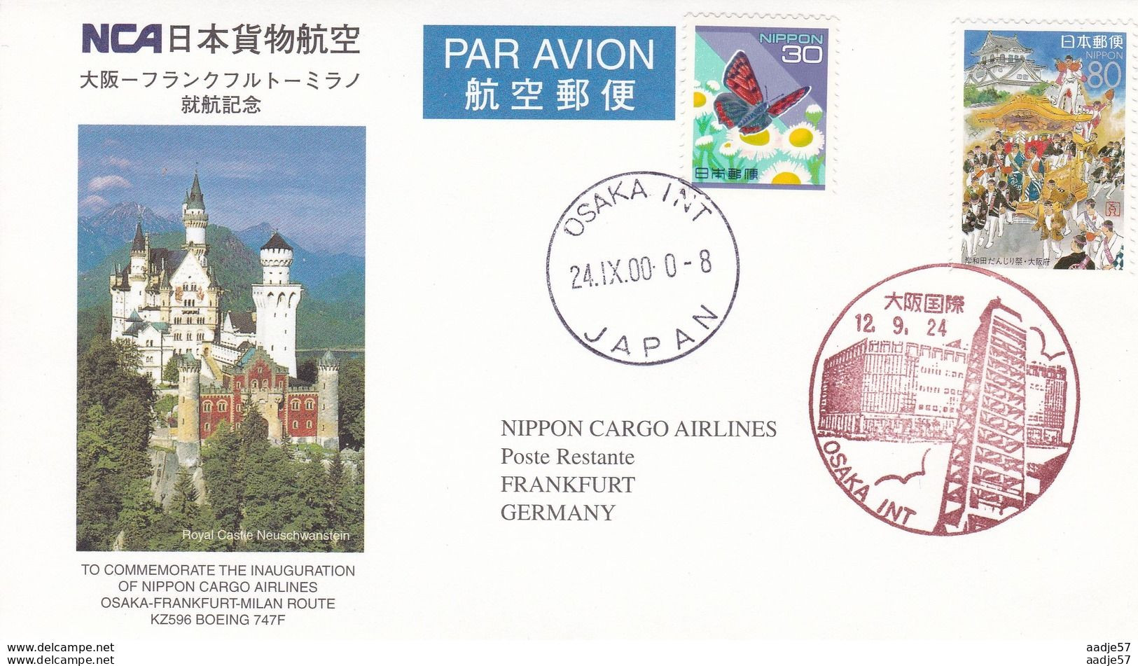 Japan Nippon Eerste Vlucht 24-09-2000 Nippon Cargo Airlines Osaka-Frankfurt-Milan - Lettres & Documents