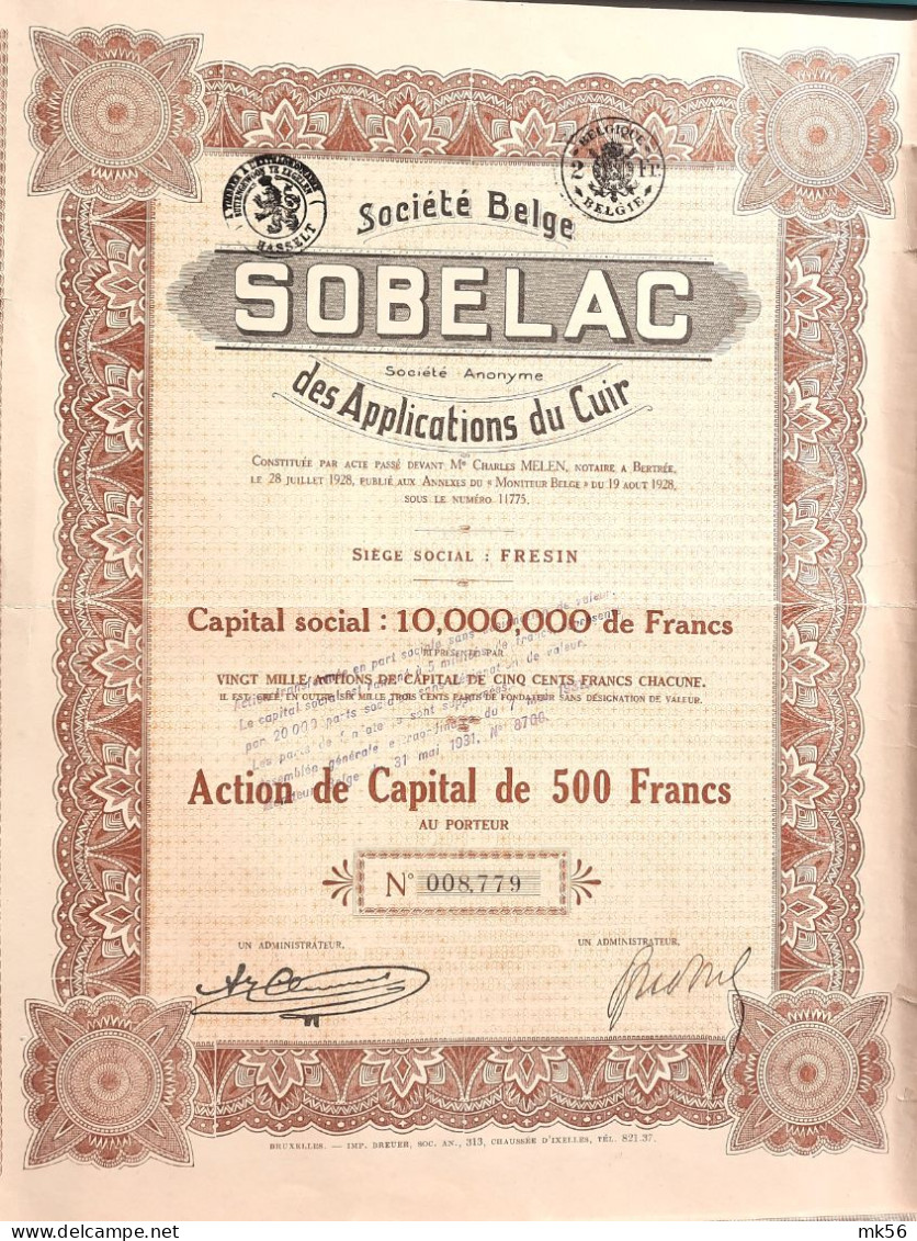 SOBELAC Société Belge Des Applications Du Cuir - Fresin - Action De Capital - 1928 - Textiel