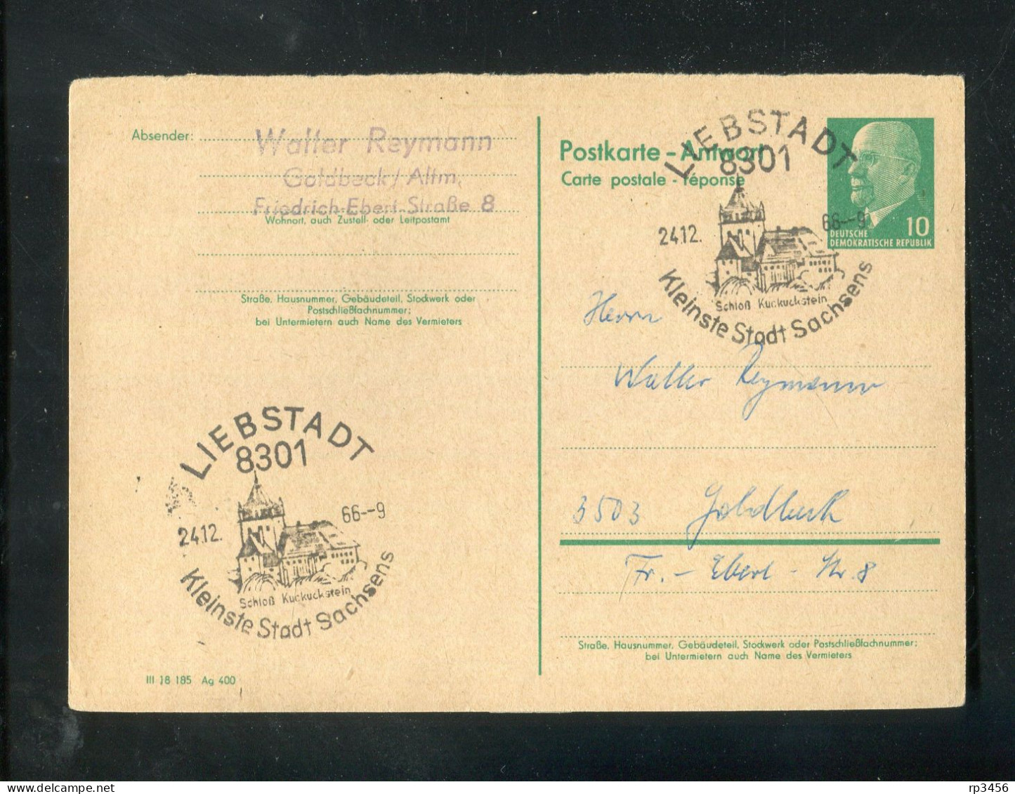 "DDR" 1986, Postkarte (Antwortteil) Mi. P 73A SSt. "LIEBSTADT, Kleinste Stadt Sachsens" (7054) - Cartes Postales - Oblitérées