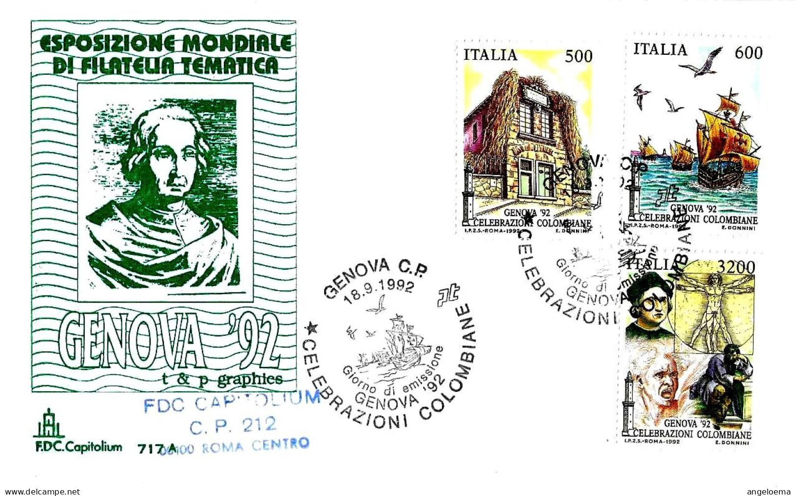 ITALIA ITALY - 1992 GENOVA Celebrazioni Colombiane CRISTOFORO COLOMBO (caravelle) Su Busta Fdc Capitolium - 11140 - Christopher Columbus