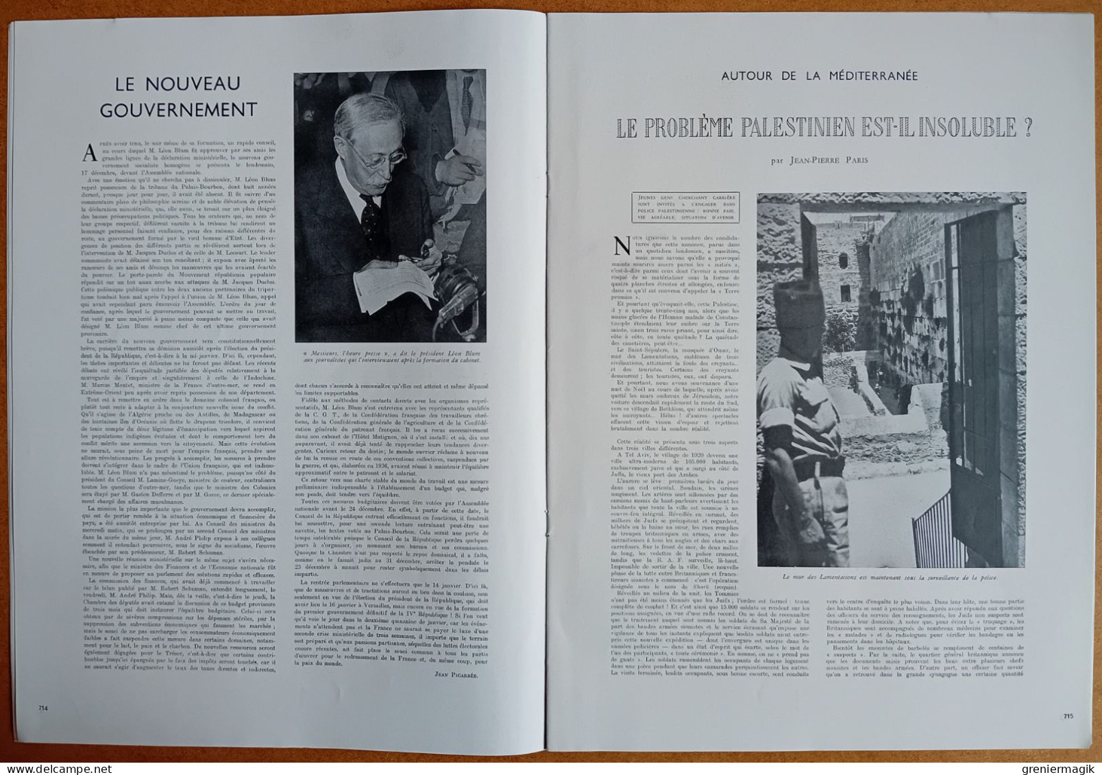 France Illustration N°65 28/12/1946 Léon Blum Président/Traits De Plume/Palestine Haïfa/Synthèse Plan Monnet/Francfort - Testi Generali