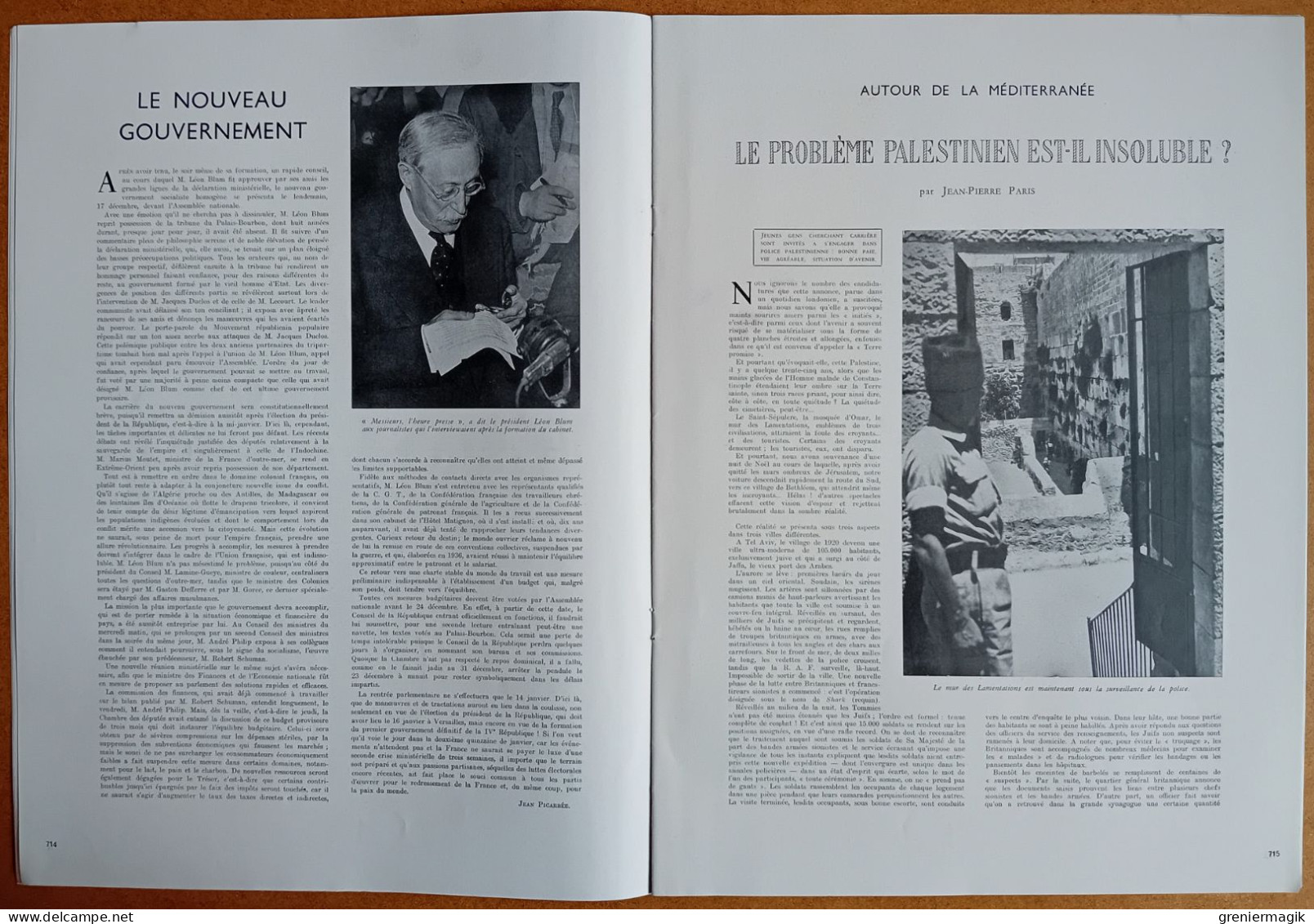 France Illustration N°65 28/12/1946 Léon Blum Président/Traits De Plume/Palestine Haïfa/Synthèse Plan Monnet/Francfort - Algemene Informatie