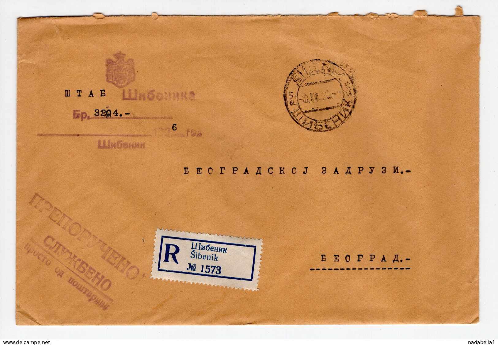 1936. KINGDOM OF YUGOSLAVIA,CROATIA,ŠIBENIK COMMAND,REGISTERED OFFICIAL COVER TO BELGRADE - Officials