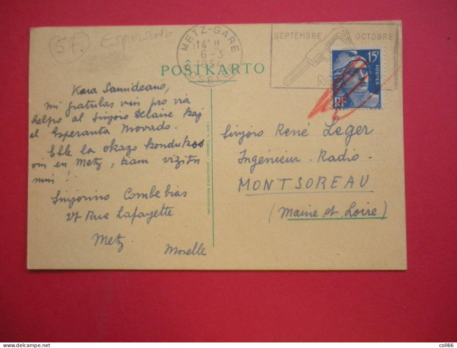 L'Esperanto Est Au Service De La Paix Per Esperanto Por La Paco 1954 éditeur Imp D'Aquitaine Virazeil Dos Scanné - Esperanto