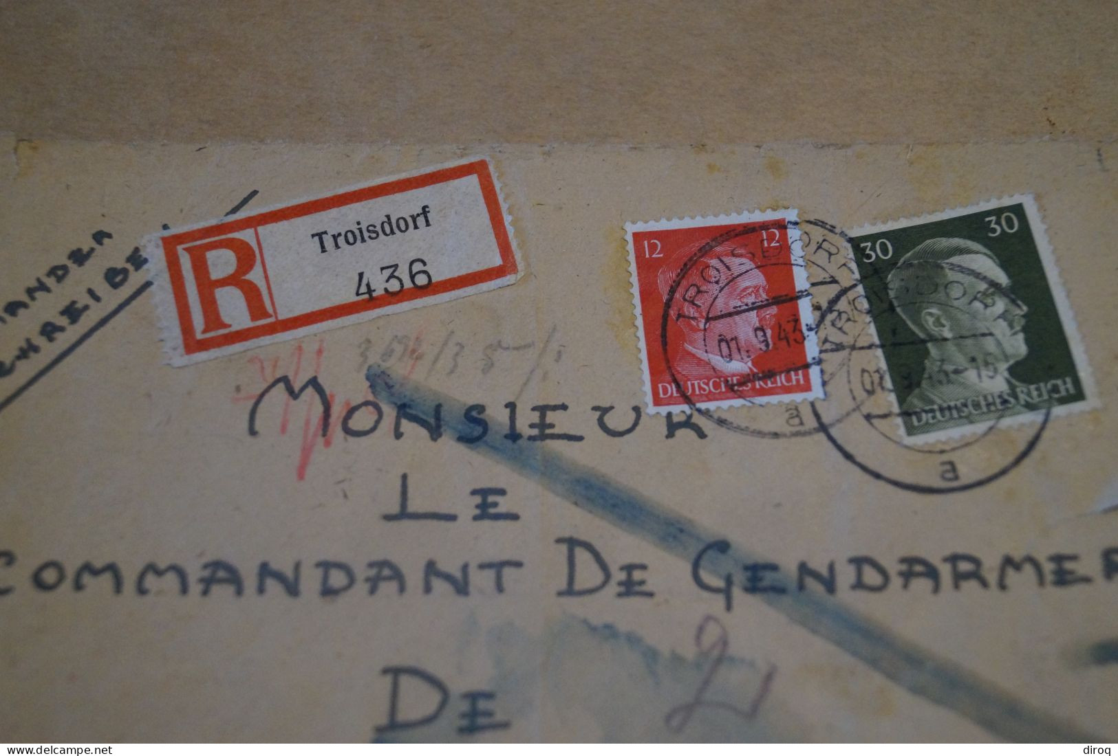 Guerre 40-45,recommandé,1943,Troisdorf,courrier Avec Belle Oblitération Militaire ,pour Collection - Oorlog 40-45 (Brieven En Documenten)
