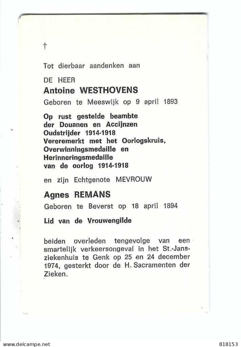 DP Antoine WESTHOVENS Oud Strijder 1914-18 Geboren Meeswijk 1893 En DP Echtgen. Agnes REMANS Verongelukt Genk 1974 - Religion & Esotérisme