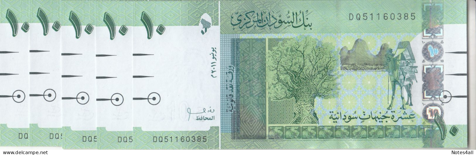 SUDAN 10 POUNDS 2011 P- 73a LOT X5 UNC NOTES - Sudan