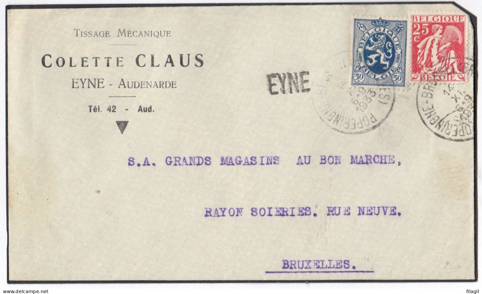 Brief Van Poperinge-Brussel (Bruxelles) Ambulant Naar Bruxelles Met Langstempel Eyne - 1932 Ceres Y Mercurio