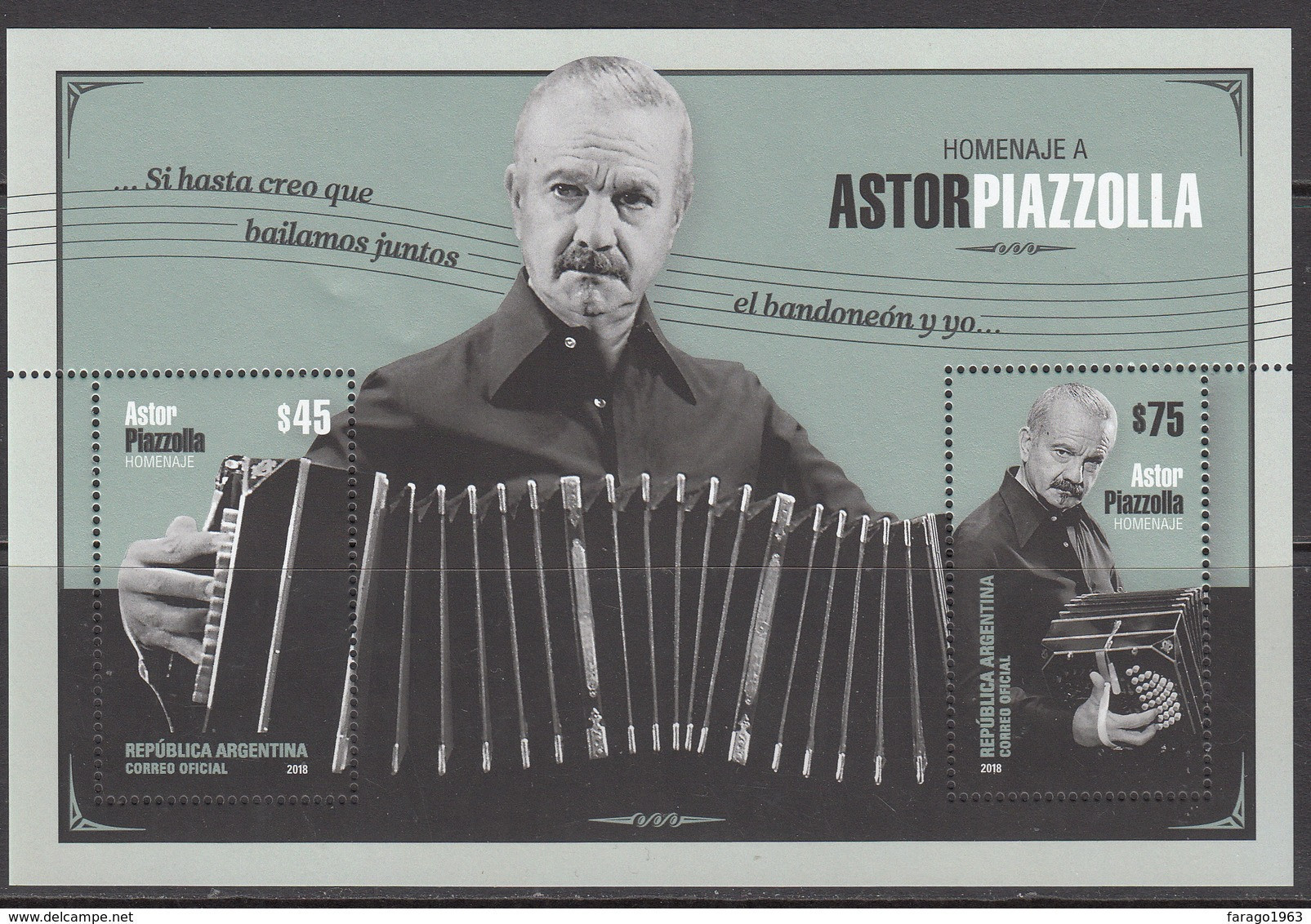 2018 Argentina Piazolla Music Accordion Souvenir Sheet MNH - Nuevos