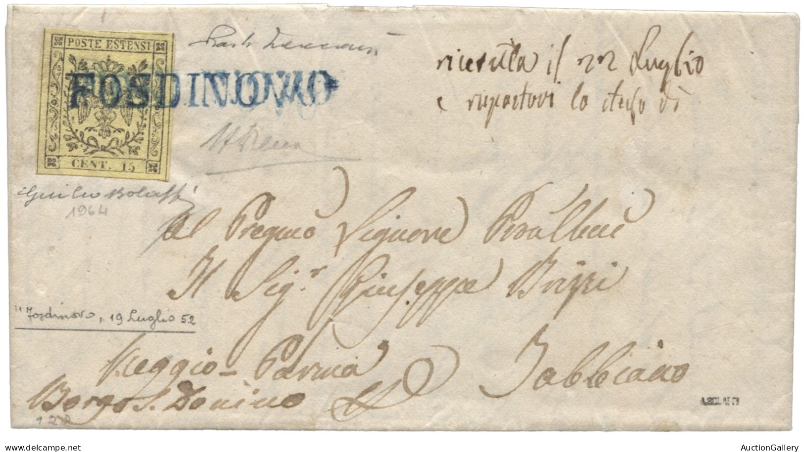 Antichi Stati Italiani - Modena - Splendida Lettera Da Fosdinovo 19.7.52 Affrancata Con 15 Cent Grandi Margini - UNICO C - Other & Unclassified