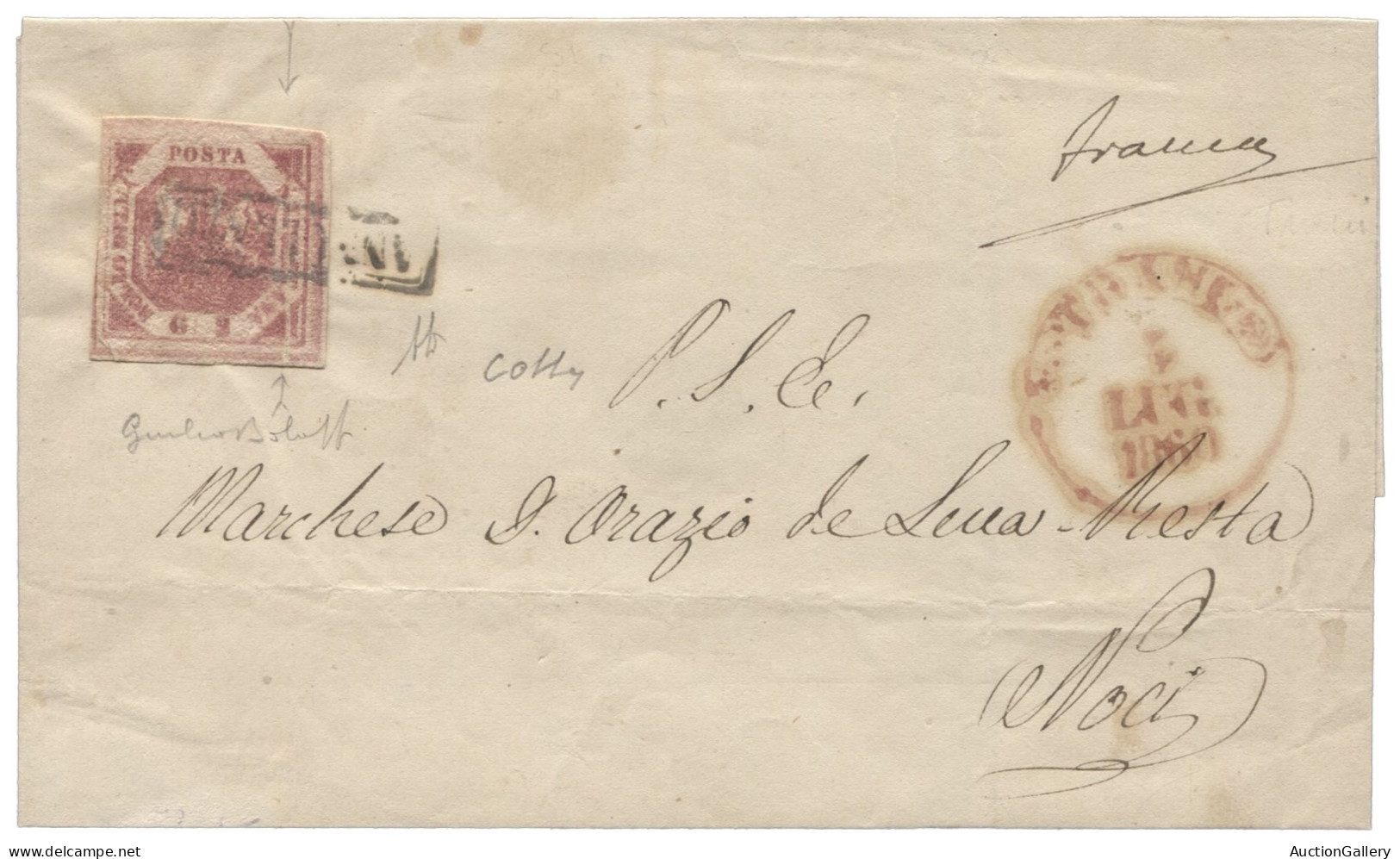 Antichi Stati Italiani - Napoli - Lettera Da Trani 5.7.60 Affrancata Con 2 Gr. Con Stampa Smossa E Rara Piega Verticale  - Otros & Sin Clasificación