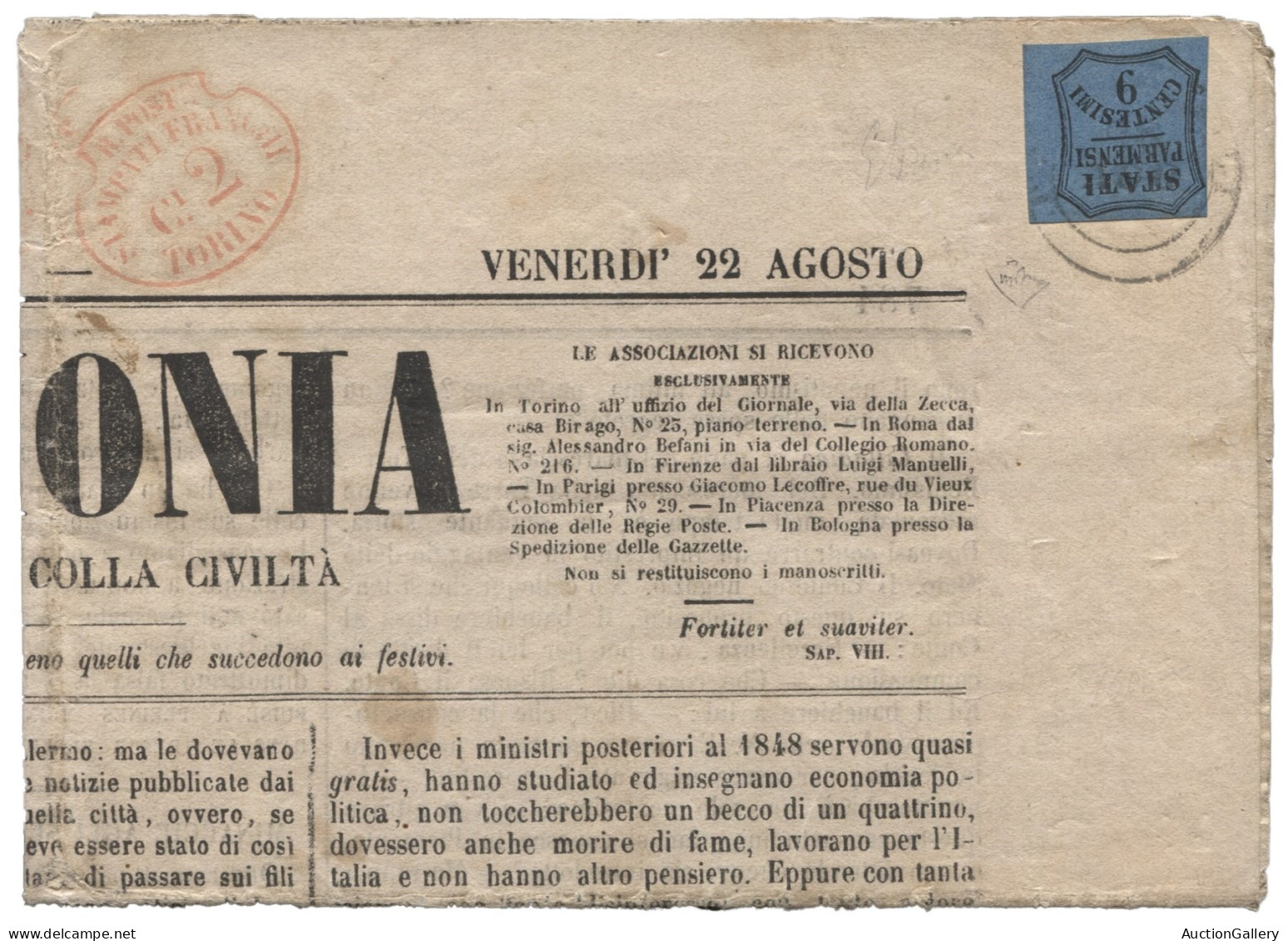 Antichi Stati Italiani - Parma - Giornale Tassato Con 9 Cent Ottimamente Marginato Annullato Con Bollo In Doppio Cerchio - Sonstige & Ohne Zuordnung