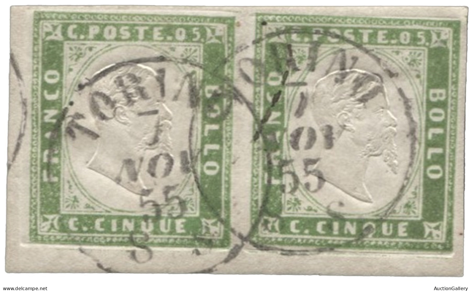 Antichi Stati Italiani - Sardegna - Coppia Angolo Di Foglio Del 5 Cent Verde Giallo Annullata Torino 7.11.55 - Angolo Di - Other & Unclassified