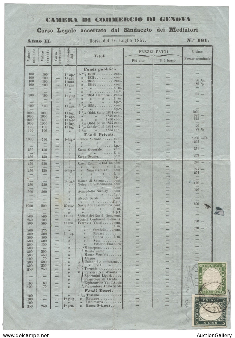 Antichi Stati Italiani - Sardegna - Listino Della Camera Di Commercio Di Genova 16.7.57 Recante 2 Es. Del 5 Cent Di Tona - Other & Unclassified