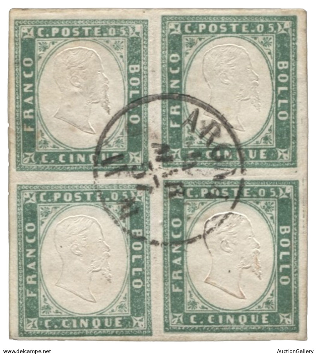 Antichi Stati Italiani - Sardegna - Blocco Di Quattro Del 5 Cent Verde Smeraldo Con Annullo Centrale Arona 4.3.57 - Otti - Otros & Sin Clasificación