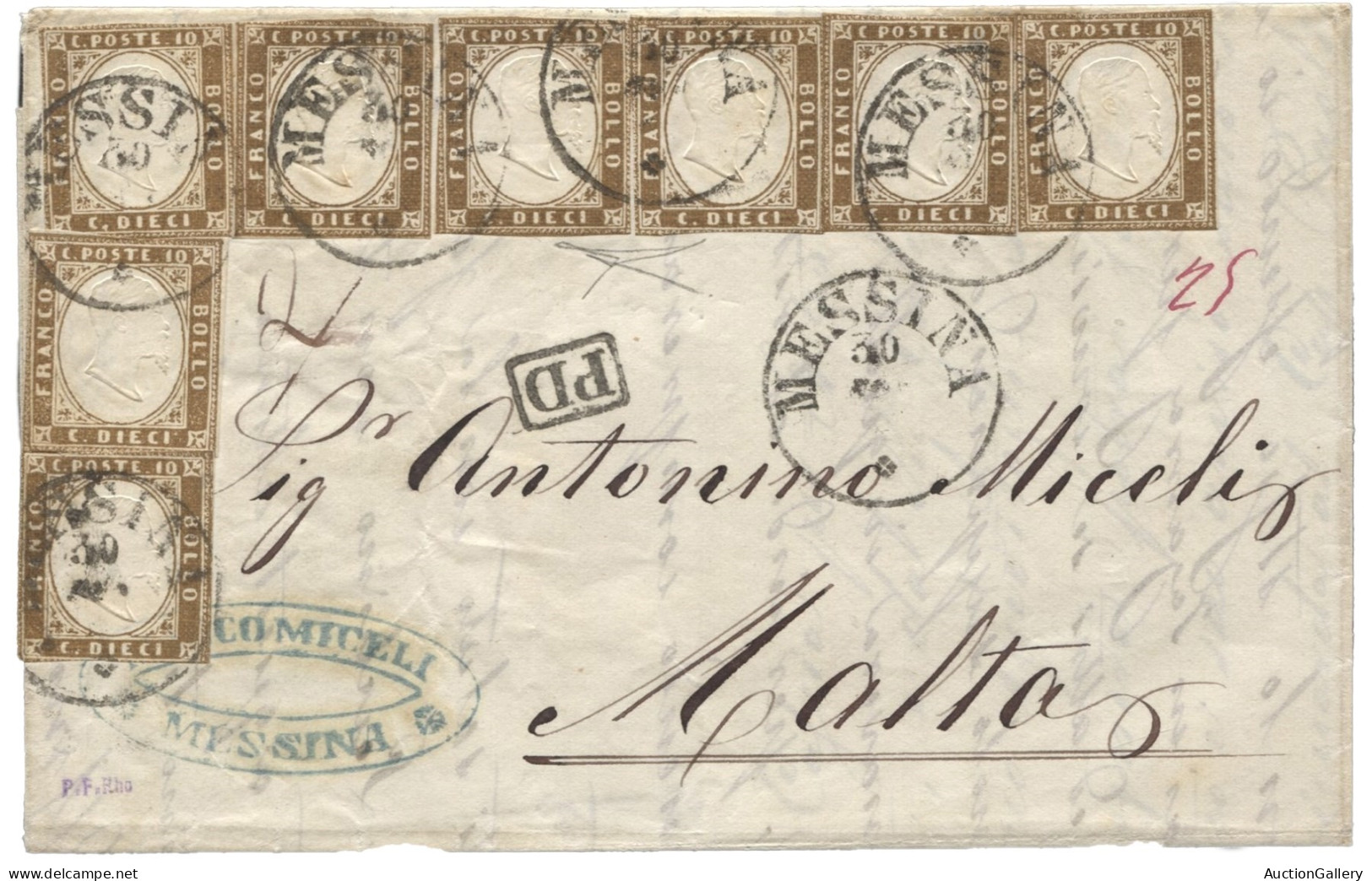 Antichi Stati Italiani - Sardegna - Fresca Lettera Da Messina Per Malts Affrancata Con Otto Es. Taglio Lilliput Del 10 C - Otros & Sin Clasificación