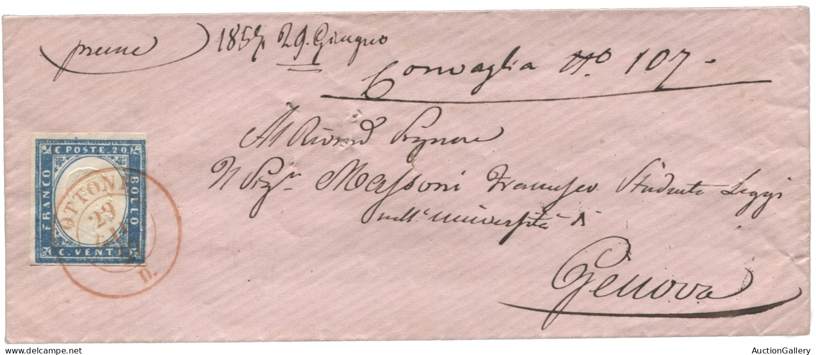 Antichi Stati Italiani - Sardegna - Bustina Rosa Affrancata Con 20 Cent Celeste Vivace - Buoni Margini - Ottone 29.6.57  - Sonstige & Ohne Zuordnung