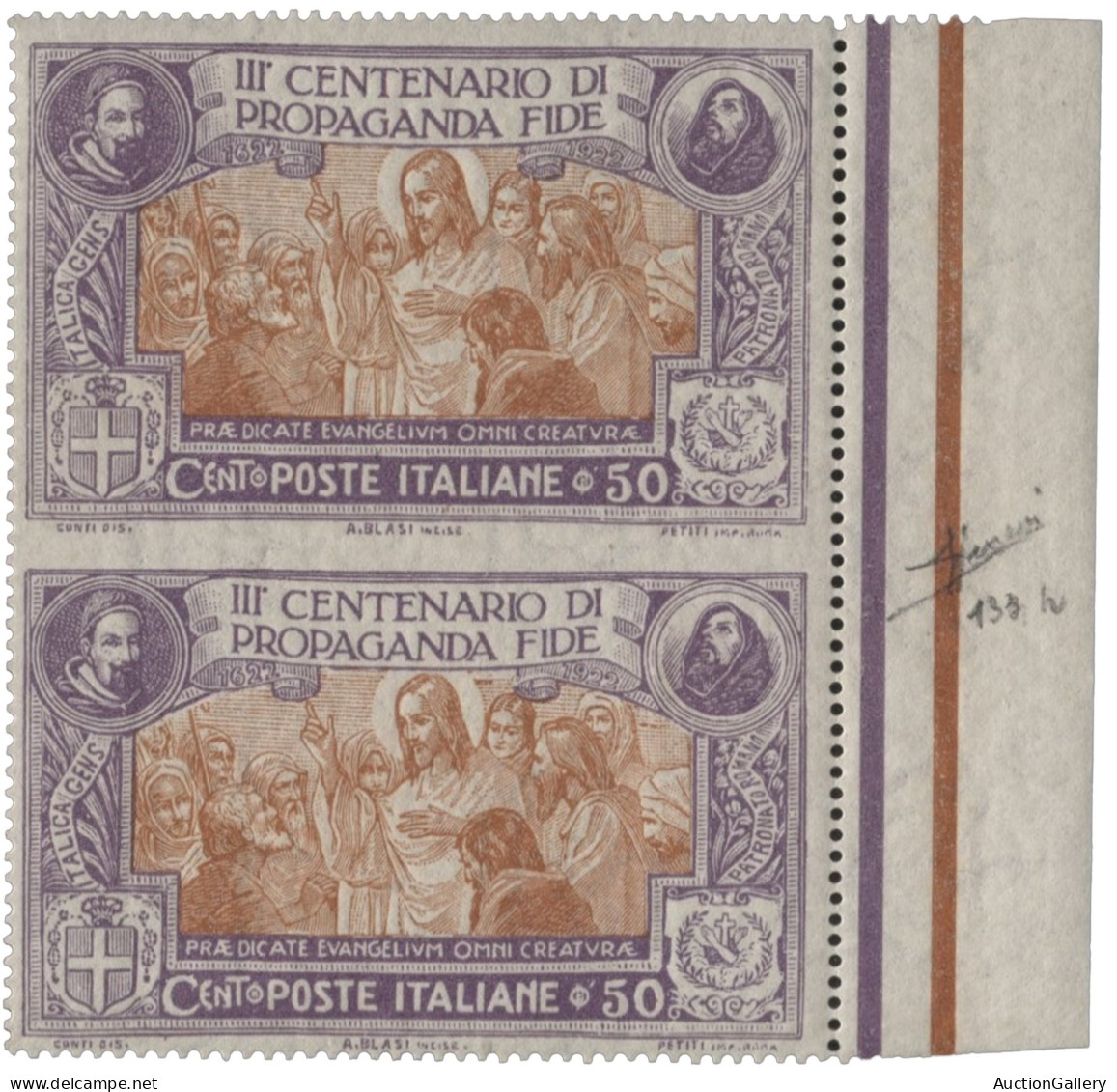 Regno - Vittorio Emanuele III - 1923 Regno - Propaganda Fide 50 Cent Violetto E Arancio - Coppia Verticale Non Dentellat - Andere & Zonder Classificatie