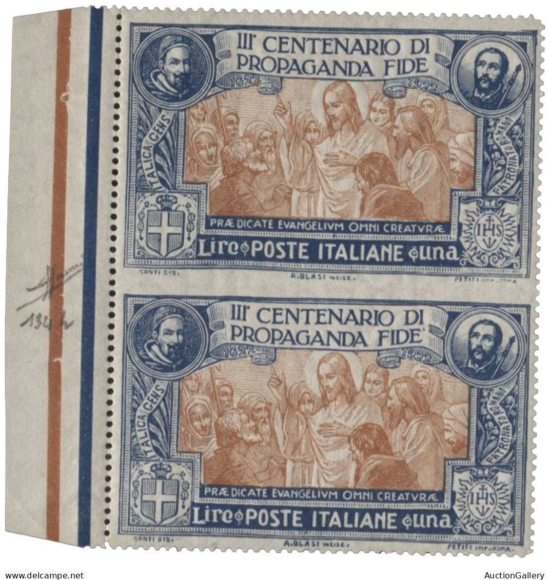 Regno - Vittorio Emanuele III - 1923 Regno - Propaganda Fide 1 Lira Azzurra E Arancio - Coppia Verticale Non Dentellata  - Sonstige & Ohne Zuordnung