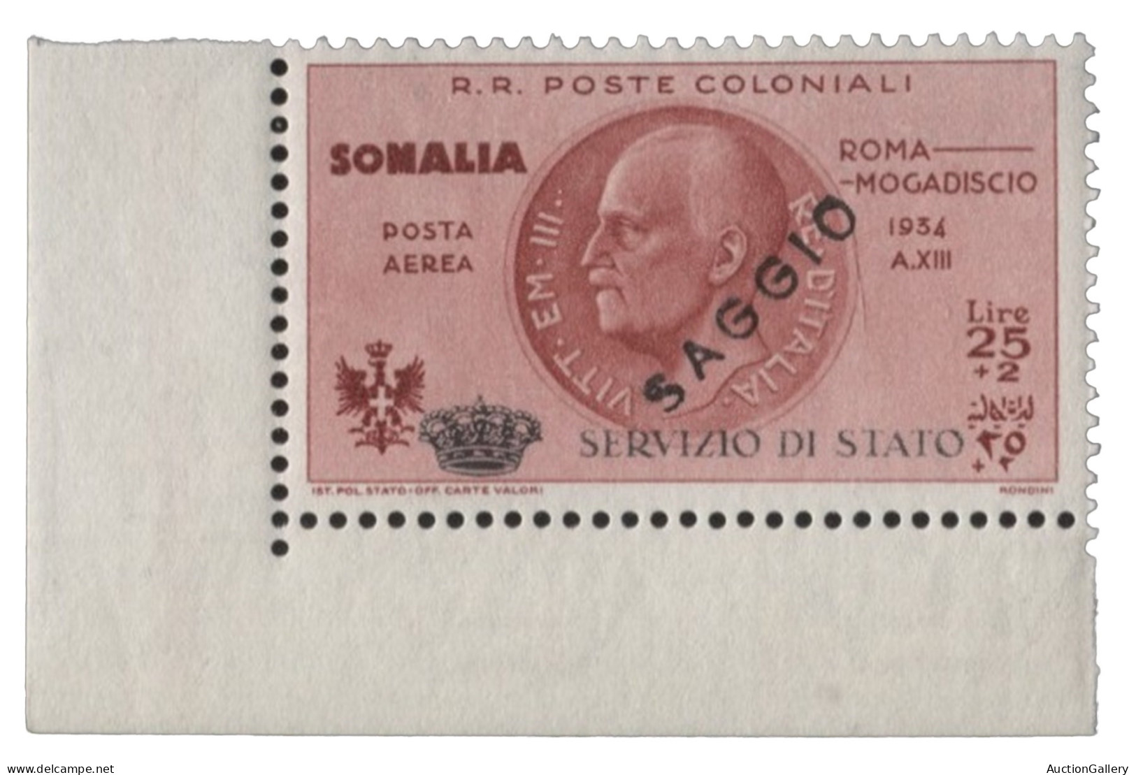 Colonie - Somalia - 1934 Colonie Italiane - Somalia Servizio Aereo Coroncina 25 Lire + 2 Lire Soprastampata Saggio - Spl - Autres & Non Classés