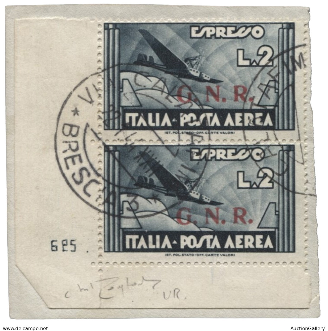 Repubblica Sociale  - G.N.R. Verona - 1944 R.S.I. - Posta Aerea 2 Lire Ardesia - Coppia Verticale Con Angolo Di Foglio E - Autres & Non Classés