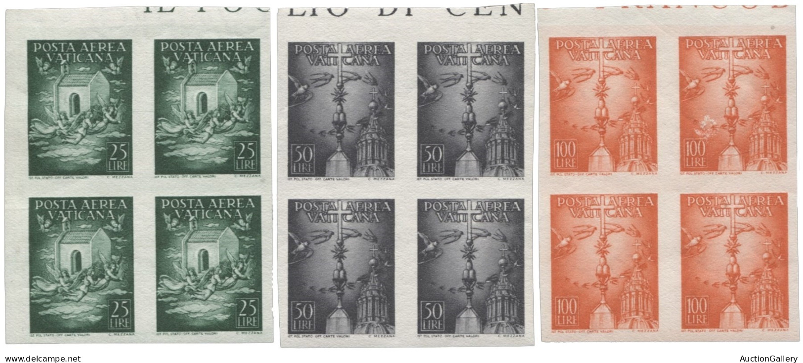 Vaticano - Pio XII - 1947 Vaticano - Posta Aerea Soggetti Vari 25 50 E 100 Lire In Quartina Non Dentellati Con Bordo Sup - Otros & Sin Clasificación