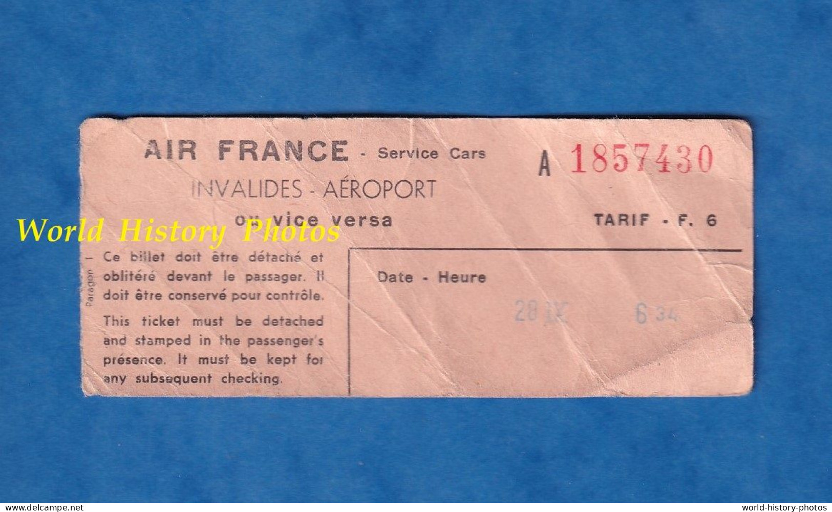 Ticket Ancien Service De Car AIR FRANCE - Trajet Invalides à Aéroport De Paris - A 1857430 - Autocar Autobus - Europe