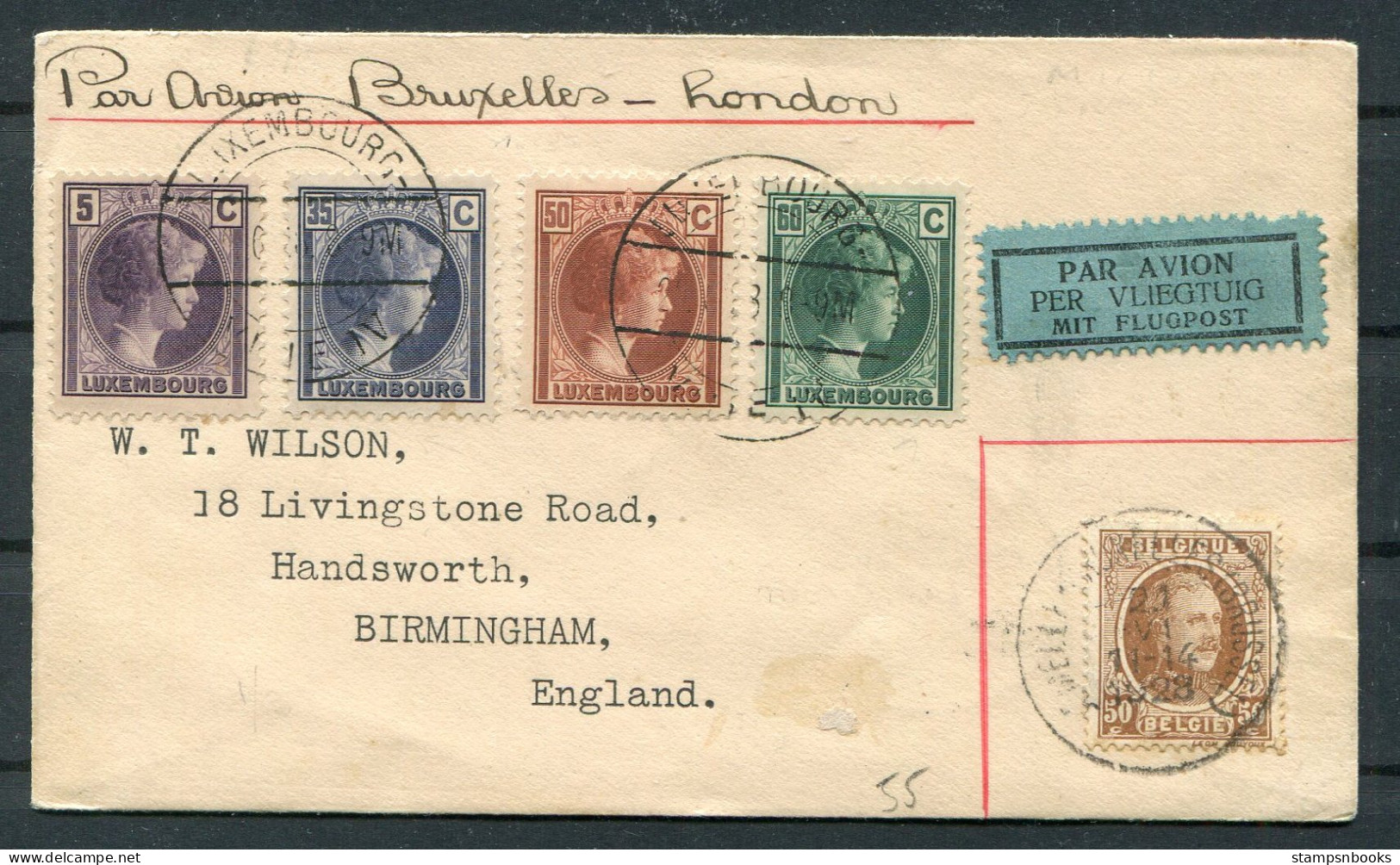 1928 Luxembourg Bruxelles - London Airmail Flight Cover - Covers & Documents