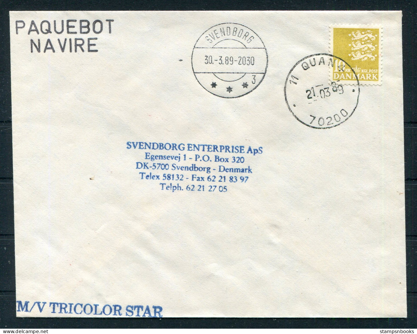 1989 Denmark Svendborg PAQUEBOT Ship M/V TRICOLOR STAR Cover - Briefe U. Dokumente