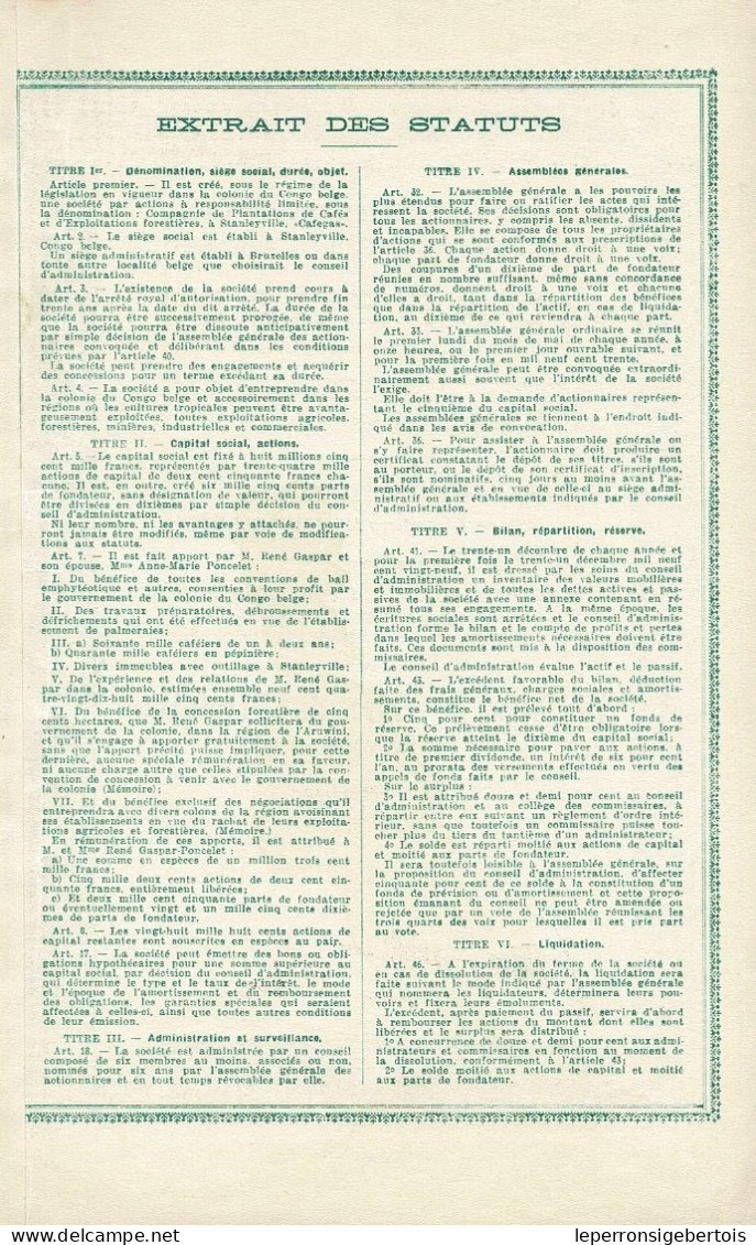 Titre De 1928 -Cie De Plantations De Cafés Et D'Exploitations Forestières -Société Congolaise à Responsabilité Limitée - - Afrique