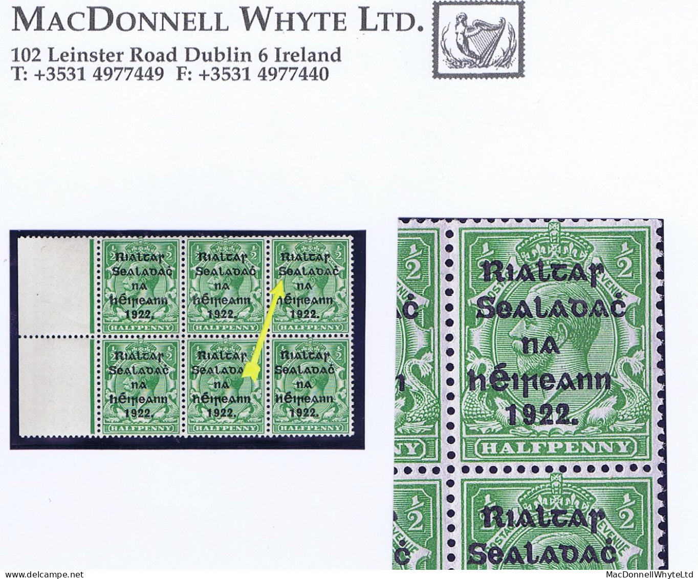 Ireland 1922 Thom Rialtas 5-line Ovpt In Blue-black On ½d, Marginal Block Of 6 Incl "R Over Se" Mint Unmounted - Unused Stamps