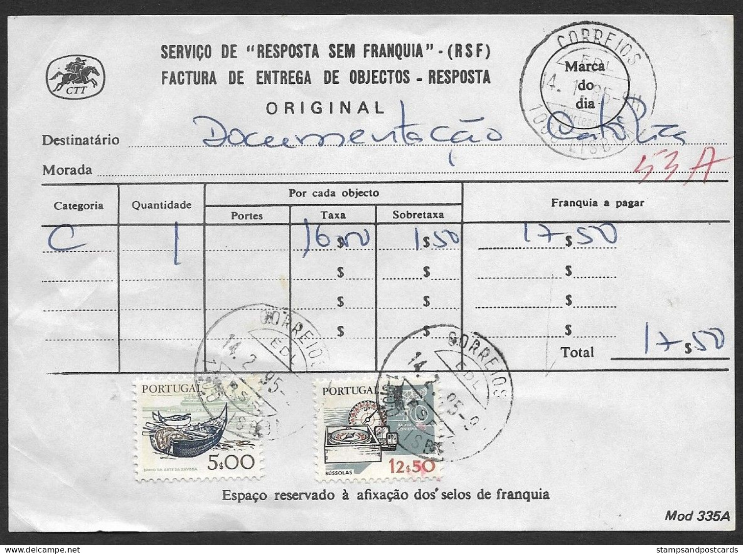 Portugal Document Timbré Avec Cachet A Date RSF Réponse Payée 1985 Date Stamp Business Reply Service - Marcofilia