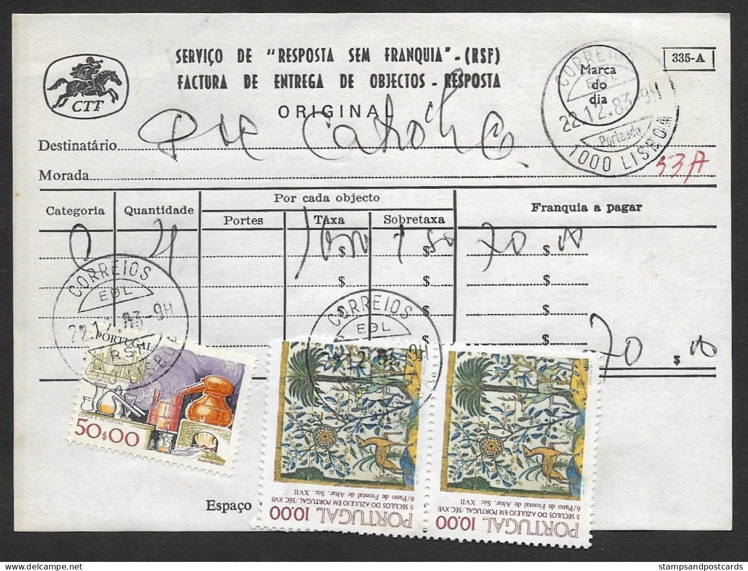 Portugal Document Timbré Avec Cachet A Date RSF Réponse Payée 1983 Date Stamp Business Reply Service - Marcofilia